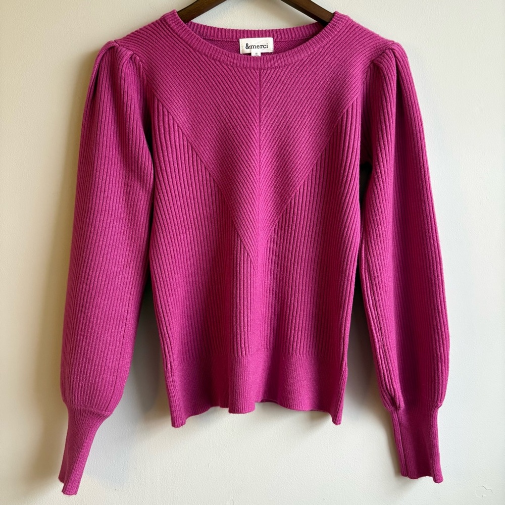 &merci Ribbed Knit Puff Sleeve Spring Sweater Pink Small